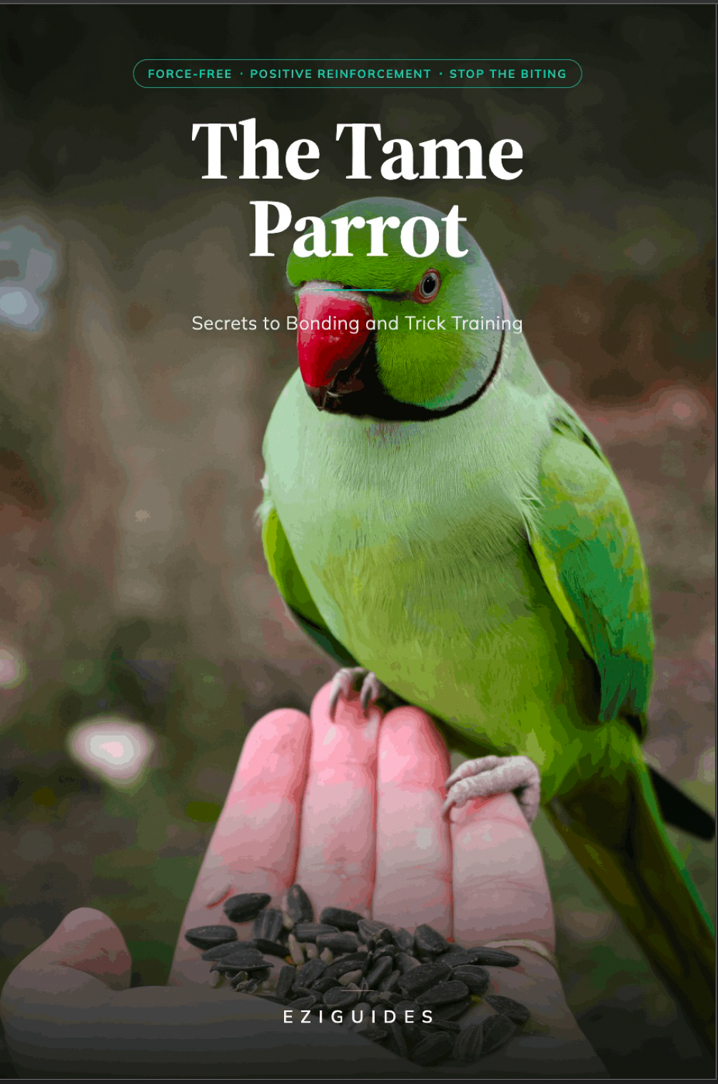 Cover of The Tame Parrot book, featuring a green parrot perched on a finger with a bright typography